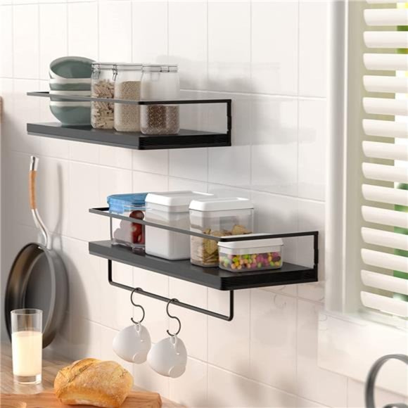 Floating Shelves for Wall Set of 2,Wall Mounted Storage Shelves with Black Metal - Picture 3 of 5